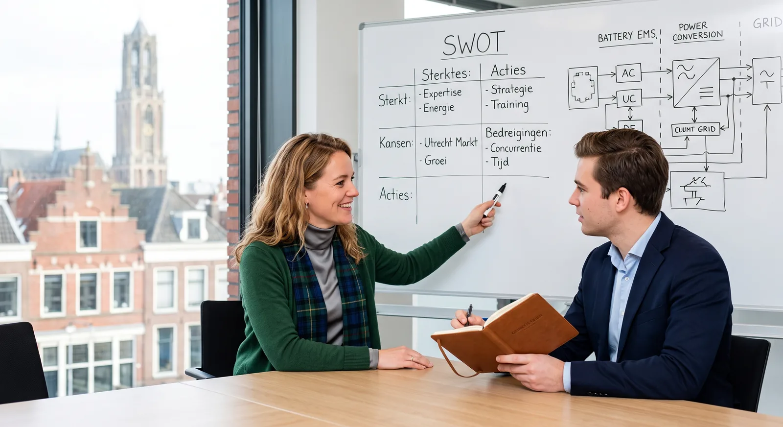 Coach and client working out a SWOT at the whiteboard during a PDP session