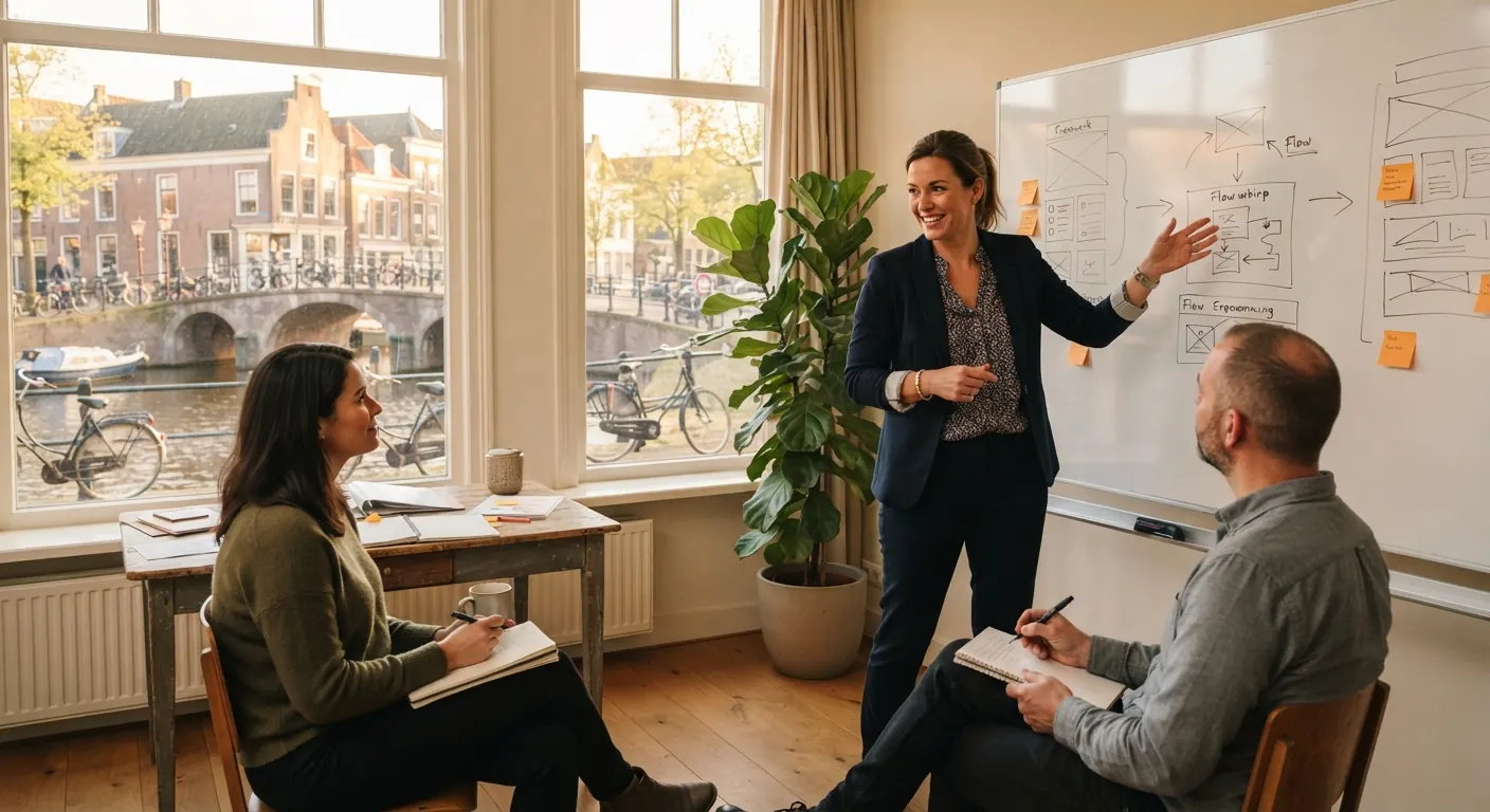 A team coaching workshop at the whiteboard in the Growth Guide practice